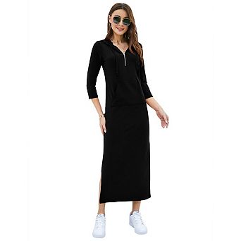 Women's Casual 3/4 Sleeve Pullover Hoodie Maxi Dresses Zipper Neck Side Split Dress