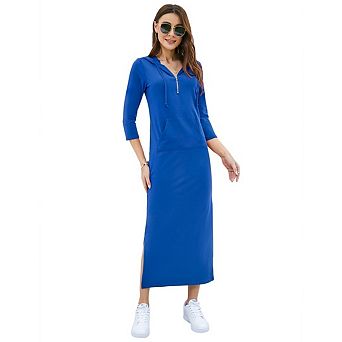 Women's Casual 3/4 Sleeve Pullover Hoodie Maxi Dresses Zipper Neck Side Split Dress