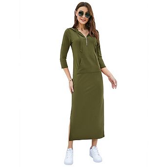 Women's Casual 3/4 Sleeve Pullover Hoodie Maxi Dresses Zipper Neck Side Split Dress