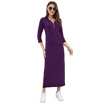 Women's Casual 3/4 Sleeve Pullover Hoodie Maxi Dresses Zipper Neck Side Split Dress