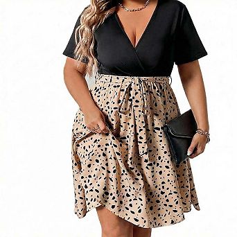 Seoria Short Sleeve V Neck Mini Dress Leopard Print Tie Waist Casual Dress