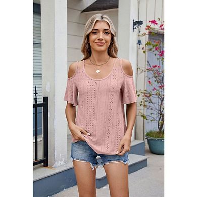 Womens Summer Spring Basic Cute Blouse Beach Vacation Cold Shoulder Tops Short Sleeve T Shirts
