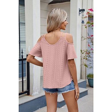 Womens Summer Spring Basic Cute Blouse Beach Vacation Cold Shoulder Tops Short Sleeve T Shirts