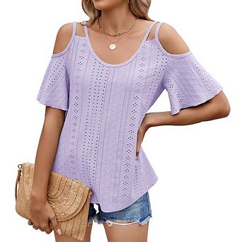 Womens Summer Spring Basic Cute Blouse Beach Vacation Cold Shoulder Tops Short Sleeve T Shirts