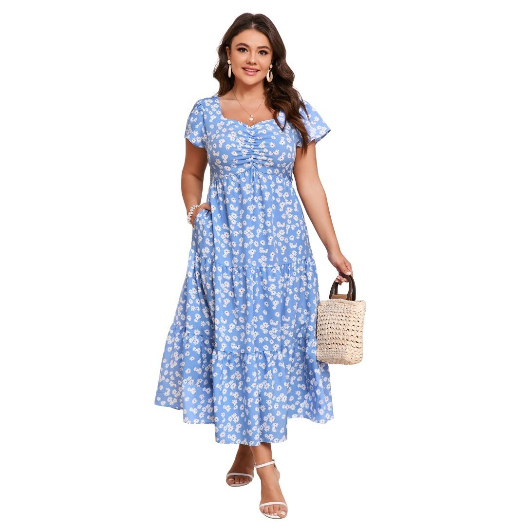 Женские платья Women Plus Size Short Sleeve Casual Floral Sweetheart Neck Ruffle Maxi Dress