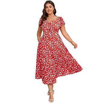 Women Plus Size Short Sleeve Casual Floral Sweetheart Neck Ruffle Maxi Dress
