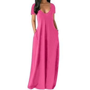 Womens Plus Size Summer Casual Soft Dress V Neck Short Sleeve Loungewear Maxi Dress With Pockets