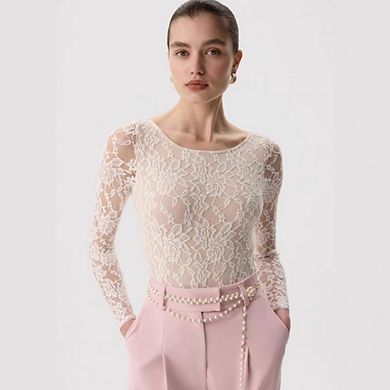 Women's Floral Lace Long Sleeve Top Sheer Fitted Round Neck Blouse