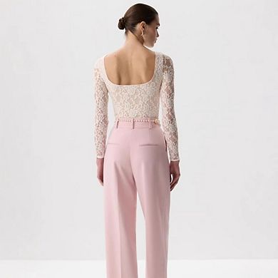 Women's Floral Lace Long Sleeve Top Sheer Fitted Round Neck Blouse