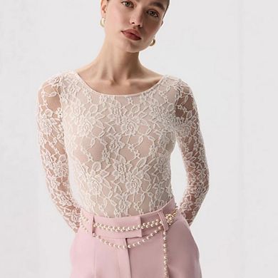 Women's Floral Lace Long Sleeve Top Sheer Fitted Round Neck Blouse