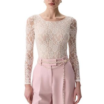 Women's Floral Lace Long Sleeve Top Sheer Fitted Round Neck Blouse