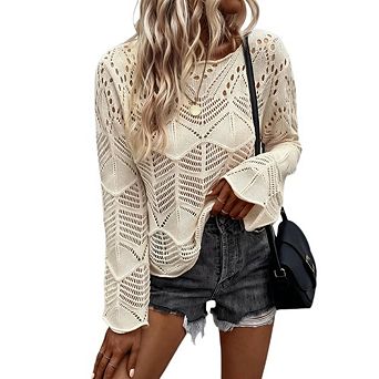 Women's Crochet Knit Long Sleeve Top Hollow Out Bell Sleeve Sweater Cover Up