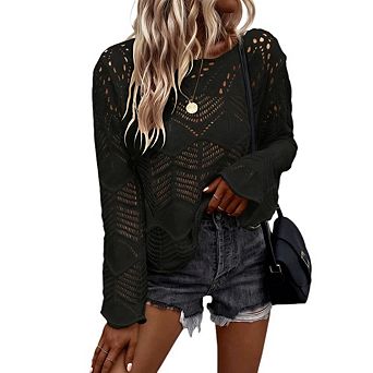 Women's Crochet Knit Long Sleeve Top Hollow Out Bell Sleeve Sweater Cover Up