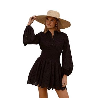 Women's Eyelet Embroidery Long Sleeve Mini Dress, Smocked Waist V-Neck Casual Shirt Dress