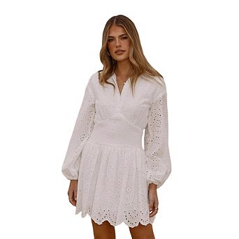 Women's Eyelet Embroidery Long Sleeve Mini Dress, Smocked Waist V-Neck Casual Shirt Dress