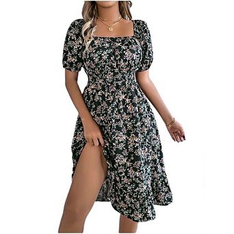 Womens Summer Square Neck Smocked Floral Boho Mini Dress Short Sleeve Ruffle Beach Dress