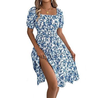 Womens Summer Square Neck Smocked Floral Boho Mini Dress Short Sleeve Ruffle Beach Dress
