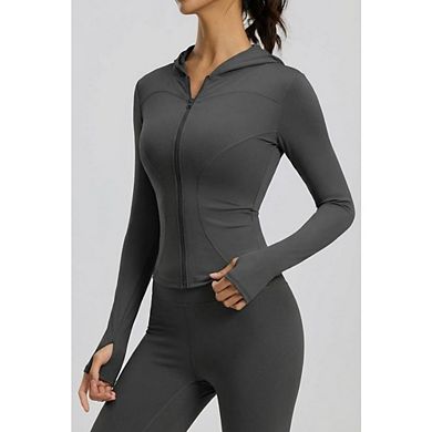 Women's Full Zip Hooded Workout Jacket, Slim Fit Long Sleeve Athletic Yoga Jackets