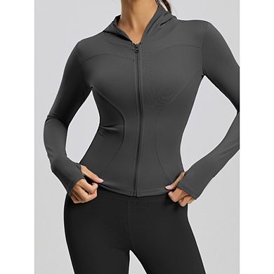 Women's Full Zip Hooded Workout Jacket, Slim Fit Long Sleeve Athletic Yoga Jackets