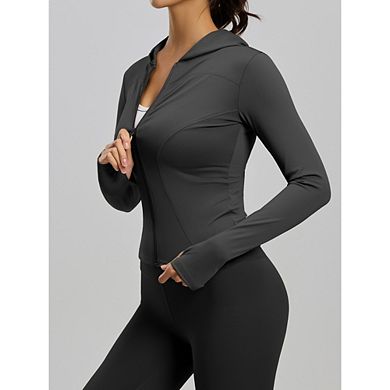 Women's Full Zip Hooded Workout Jacket, Slim Fit Long Sleeve Athletic Yoga Jackets