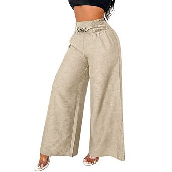 Women's High Waisted Linen Blend Wide Leg Pants Casual Trousers with Metal Buckle