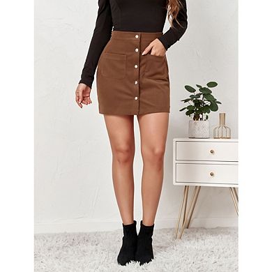 Women's Corduroy Mini Casual Skirt Button Down Solid Color with Pocket
