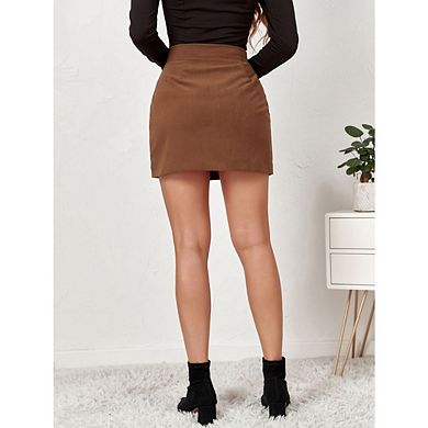 Women's Corduroy Mini Casual Skirt Button Down Solid Color with Pocket