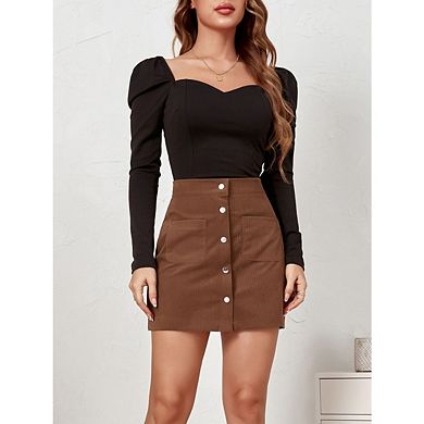Women's Corduroy Mini Casual Skirt Button Down Solid Color with Pocket