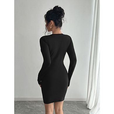 Women's Mesh Patch Long Sleeve Mini Dress Crew Neck Bodycon Dresses