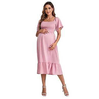 Womens Summer Maternity Dress Smocked Short Sleeve Maxi Dresses Maternity Clothes