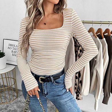 Womens Fall Slim Fit Rib Knit Cropped Blouse Square Neck Striped Long Sleeve Top Casual Work Blouse