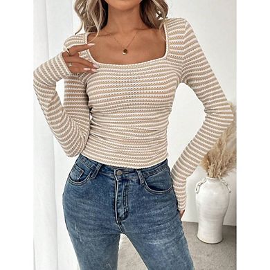 Womens Fall Slim Fit Rib Knit Cropped Blouse Square Neck Striped Long Sleeve Top Casual Work Blouse