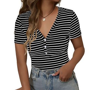 Women's Summer Slim Casual Blouse Top V Neck Button Front Striped Ribbed T-Shirt Tops