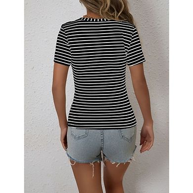 Women's Summer Slim Casual Blouse Top V Neck Button Front Striped Ribbed T-Shirt Tops