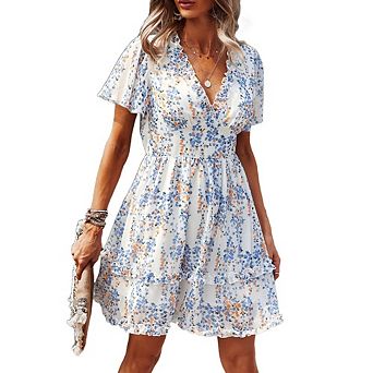 Womens Sundress Summer Floral Short Sleeve V Neck Tiered Ruffle Dress