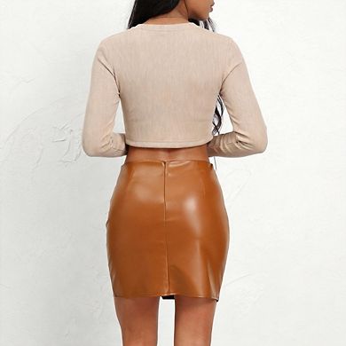 Women's Faux Leather Mini Skirt High Waisted Solid Color Bodycon Pencil Skirt