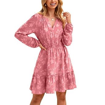 Women's Floral Long Sleeve Mini Dress V-Neck Smocked Waist Ruffle Hem Casual Dress