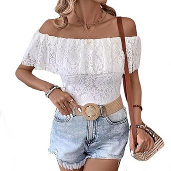 Womens Slim Fit Off Shoulder Lace Ruffle Casual Blouse Top for Vacation Date Daily Wear