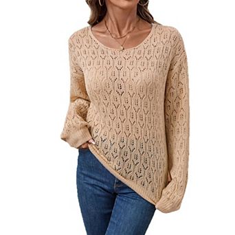 Women's Crochet Tops Long Sleeve Hollow Out Knit Sweater Trendy Lightweight Casual Vacation Clothes