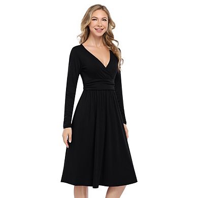 Women's Long Sleeve V-Neck Dresses Solid Color A-line Casual Elegant Swing Dress