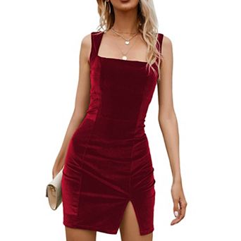 Women's Bodycon Mini Dress Velvet Square Neck Split Hem Cocktail Party Elegant Dress