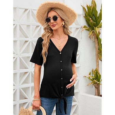 Women's Maternity Short Sleeve Tie Front Wrap Maternity Tops