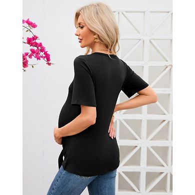 Women's Maternity Short Sleeve Tie Front Wrap Maternity Tops