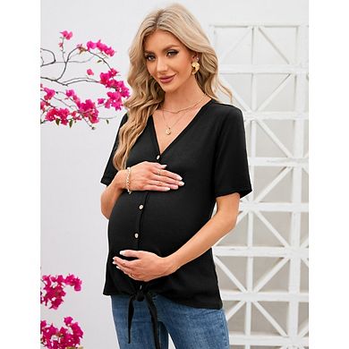 Women's Maternity Short Sleeve Tie Front Wrap Maternity Tops