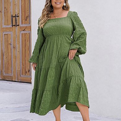 Women Plus Size Casual Long Sleeve Smocked Ruffle Flowy Elegant Midi Dress