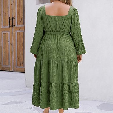 Women Plus Size Casual Long Sleeve Smocked Ruffle Flowy Elegant Midi Dress