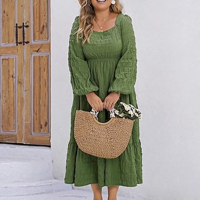 Women Plus Size Casual Long Sleeve Smocked Ruffle Flowy Elegant Midi Dress