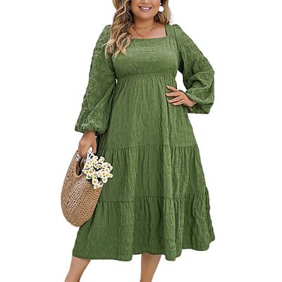 casual green dress with sleeves Gpaecead Women's Casual Dress V-Neck Solid Color With Long Sleeves Waist Pleated Long Skirt Olive Green, Size: 2XL