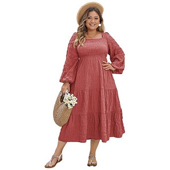 Women Plus Size Casual Long Sleeve Smocked Ruffle Flowy Elegant Midi Dress