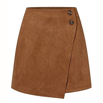 Women's Faux Suede High Waist Mini Skirts Asymmetrical Hem A-Line Zipper Short Skirt